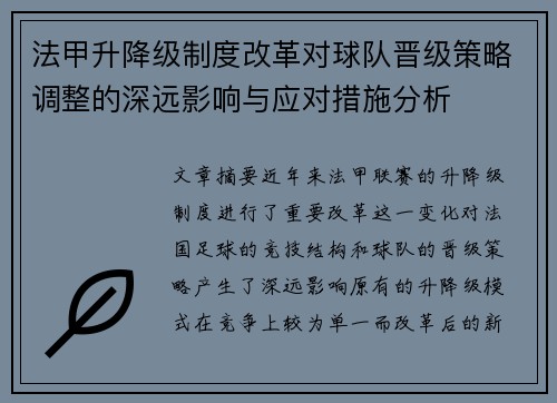 法甲升降级制度改革对球队晋级策略调整的深远影响与应对措施分析