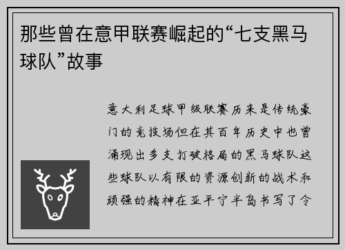 那些曾在意甲联赛崛起的“七支黑马球队”故事