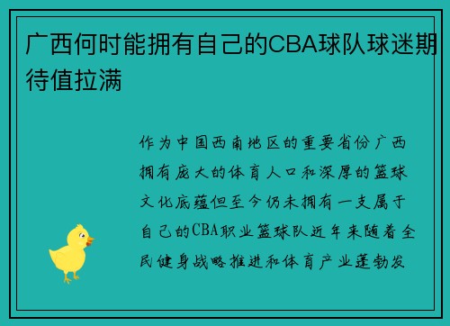 广西何时能拥有自己的CBA球队球迷期待值拉满